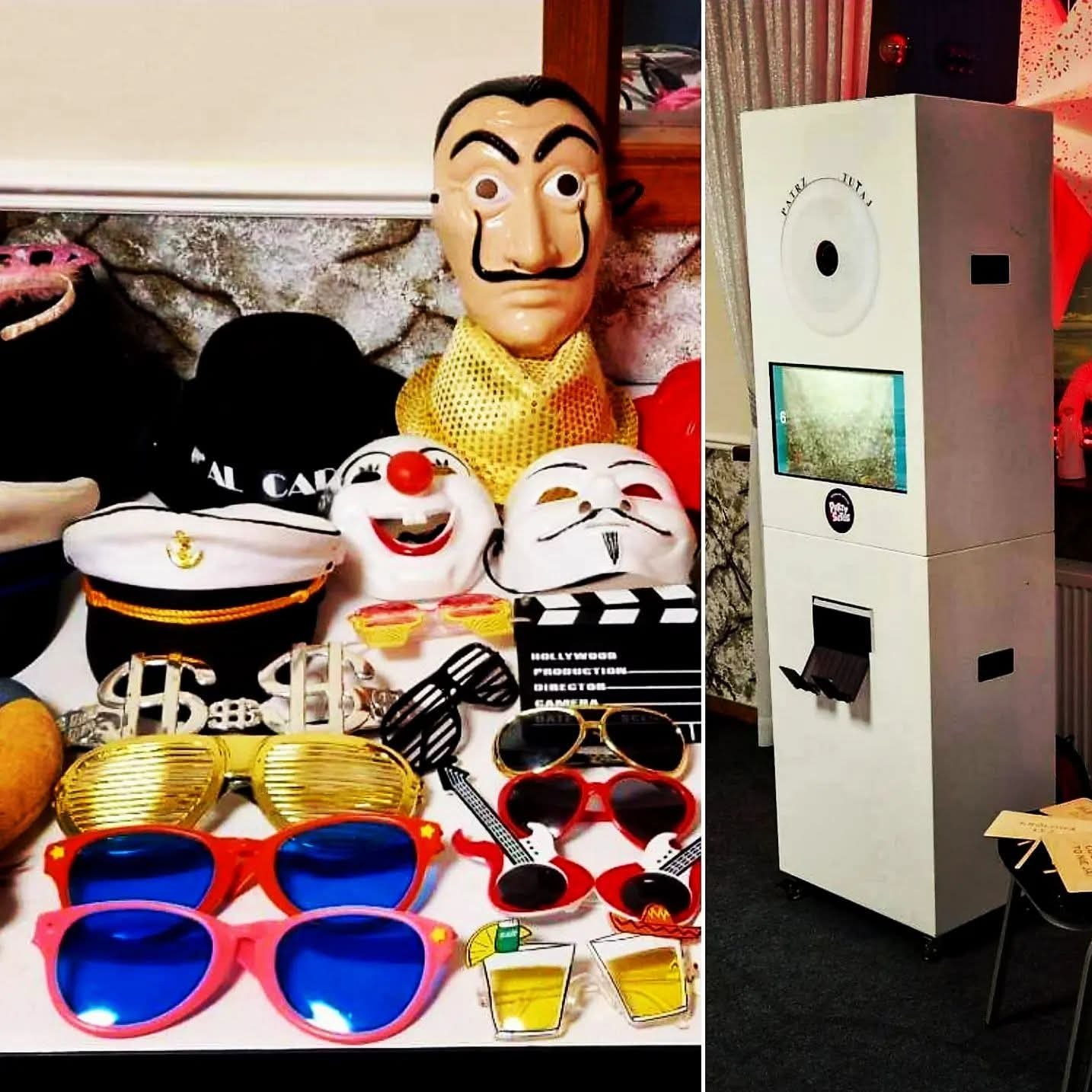 Fotobudka z rekwizytami: maski (Dalí, klaun, V), kapitańskie czapki, okulary, klaps filmowy. Atrakcje na imprezę okolicznościową, wynajem fotobudki.
