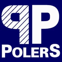 Logo firmy POLERS z dwoma literami P, jedna z ukośnymi paskami, druga biała, na granatowym tle.