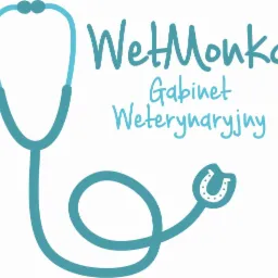 Turkusowe logo gabinetu 'WetMonka' z rysunkiem stetoskopu i podkowy.