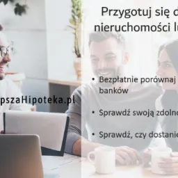 Dwie osoby, mężczyzna w koszuli i krawacie przy laptopie oraz para z kubkami, informacja o porównywaniu ofert banków i sprawdzaniu zdolności kredytowej, logo LepszaHipoteka.pl.