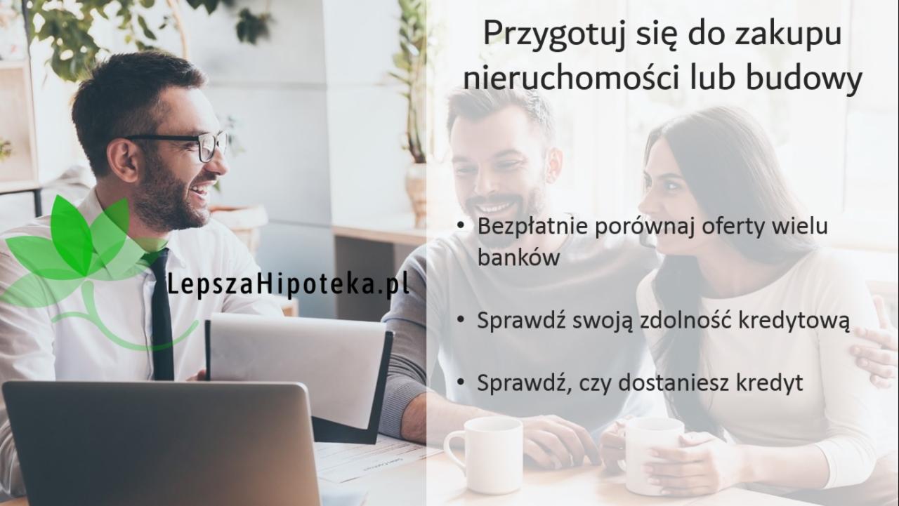 Dwie osoby, mężczyzna w koszuli i krawacie przy laptopie oraz para z kubkami, informacja o porównywaniu ofert banków i sprawdzaniu zdolności kredytowej, logo LepszaHipoteka.pl.