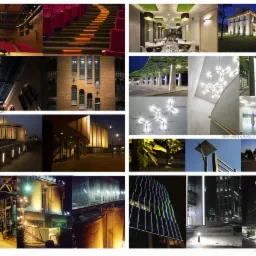Kolaż zdjęć przedstawiających nocne ujęcia oświetlonych budynków i wnętrz, w tym opera, elektrownia, hotel i biurowiec, z różnymi stylami i rodzajami oświetlenia zewnętrznego i wewnętrznego.