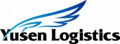 Logo firmy Yusen Logistics z stylizowanym niebieskim skrzydłem nad nazwą, czcionka pogrubiona.