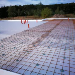 Przygotowany fundament z izolacją termiczną i zbrojeniem siatką stalową, widoczne pionowe rury instalacyjne i otaczający teren z drzewami.