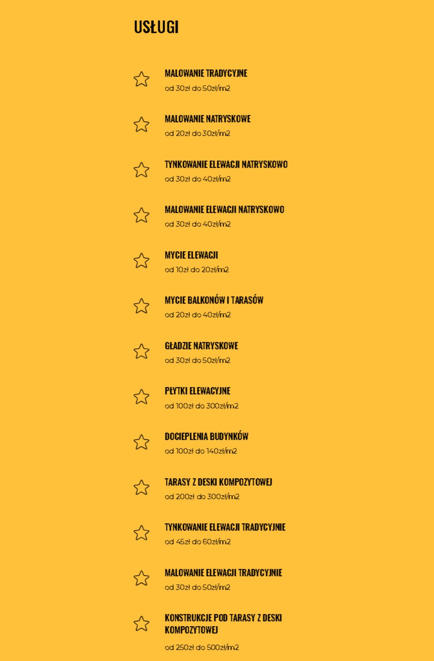 Grafika przedstawia listę usług budowlanych i remontowych z cennikiem, takich jak malowanie elewacji natryskowo i tradycyjnie, tynkowanie elewacji natryskowo i tradycyjnie, mycie elewacji...