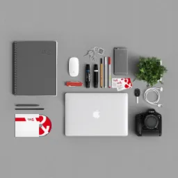 Flat lay of design tools: laptop, camera, notebook, pens, mouse, keys, phone, plant, and business cards with a red and white logo on a gray background.