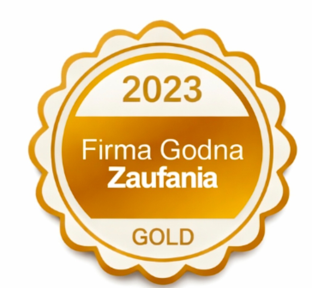 Złota odznaka 'Firma Godna Zaufania GOLD 2023' z kremowym obramowaniem na białym tle. Symbol wiarygodności i wysokiej jakości usług.