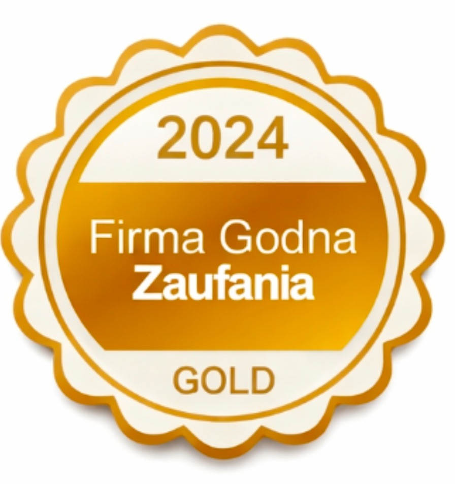 Złota odznaka 'Firma Godna Zaufania 2024 GOLD' z ozdobnym obramowaniem, symbolizująca wiarygodność i wysoką jakość usług.