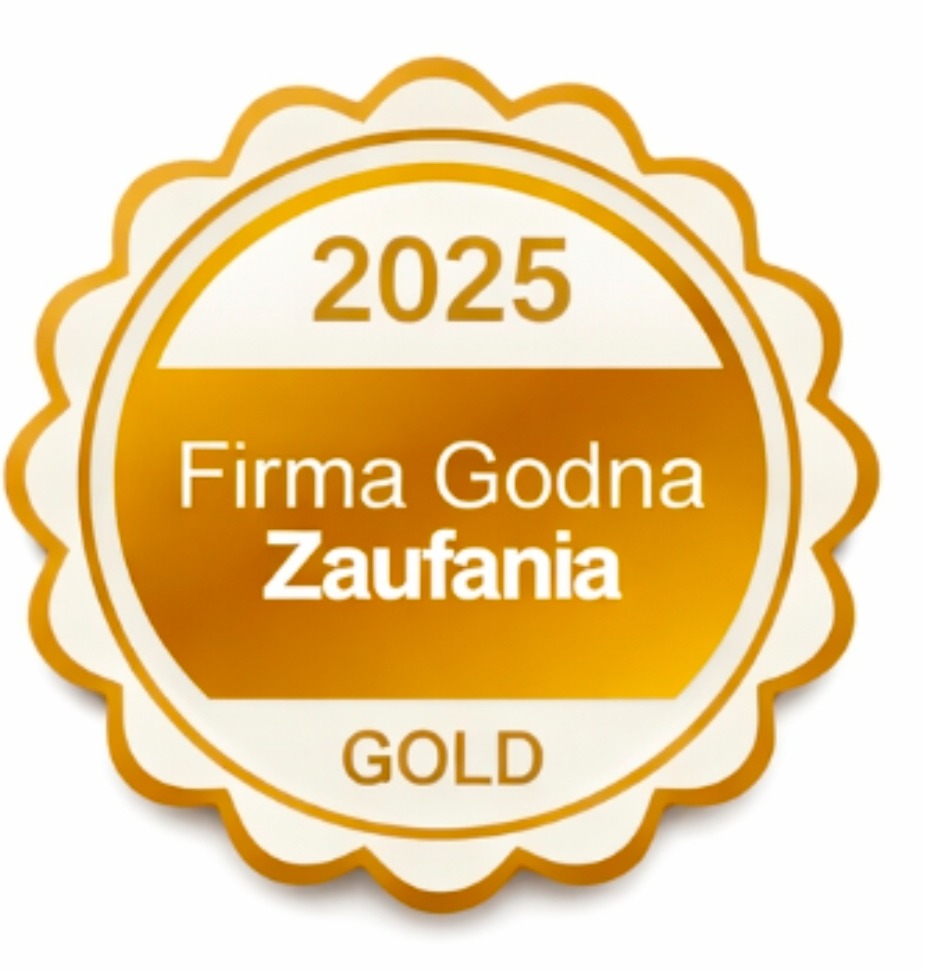 Złota odznaka 'Firma Godna Zaufania GOLD 2025' z ozdobnymi brzegami, symbolizująca wiarygodność i wysoką jakość usług.