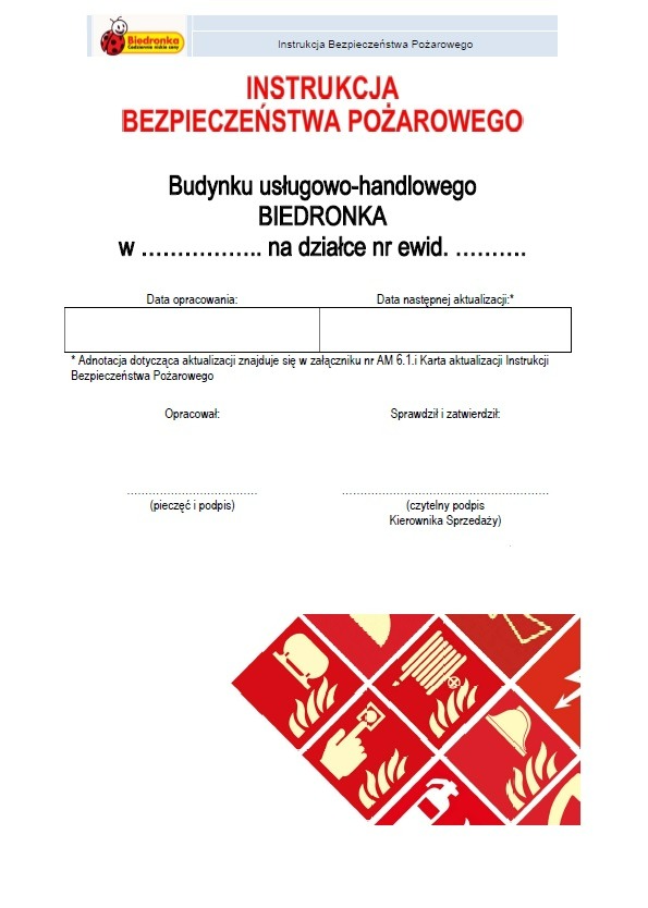 Instrukcja bezpieczeństwa pożarowego dla budynku usługowo-handlowego Biedronka, z miejscami na wpisanie danych i podpisów, uzupełniona o graficzne symbole związane z ochroną przeciwpożarową...