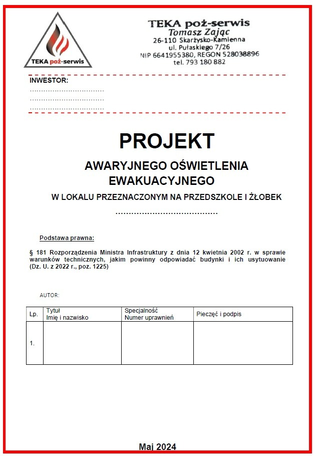 Skan dokumentu: Projekt awaryjnego oświetlenia ewakuacyjnego w lokalu przeznaczonym na przedszkole i żłobek, z logo firmy TEKA poż-serwis i danymi kontaktowymi, datowany na maj 2024.