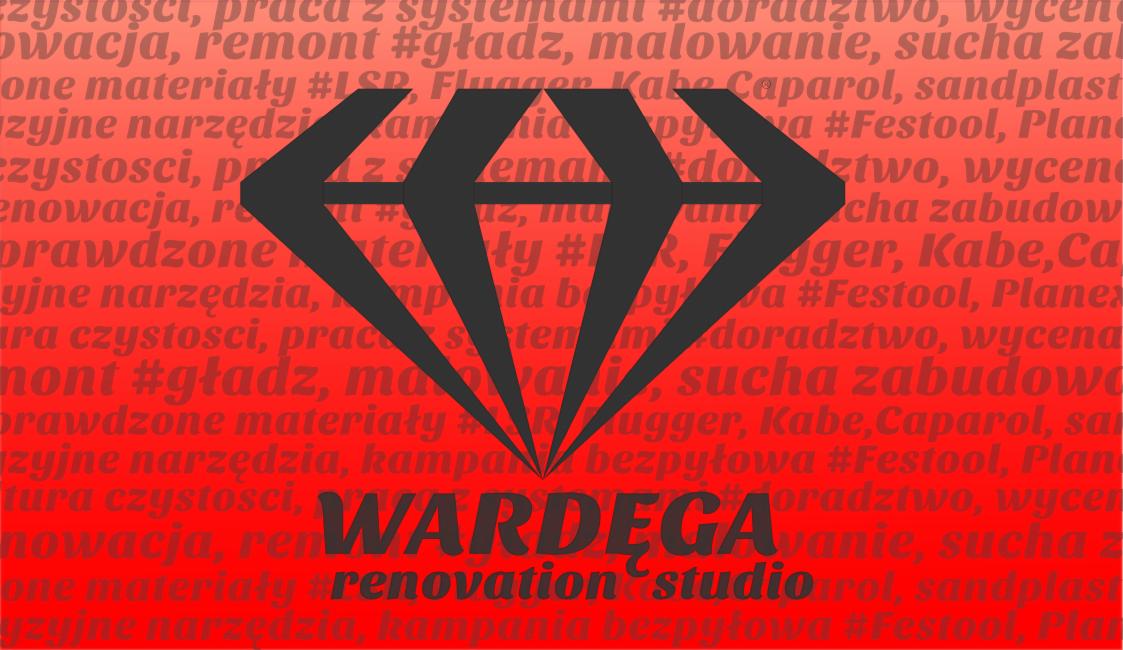 Grafika reklamowa z logotypem firmy remontowej na czerwonym tle z hasłami o gładziach, malowaniu i suchych zabudowach oraz nazwami narzędzi i materiałów budowlanych.