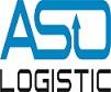 Niebieskie logo firmy ASO LOGISTIC z wyraźną strzałką skierowaną ku górze, umieszczone na białym tle.