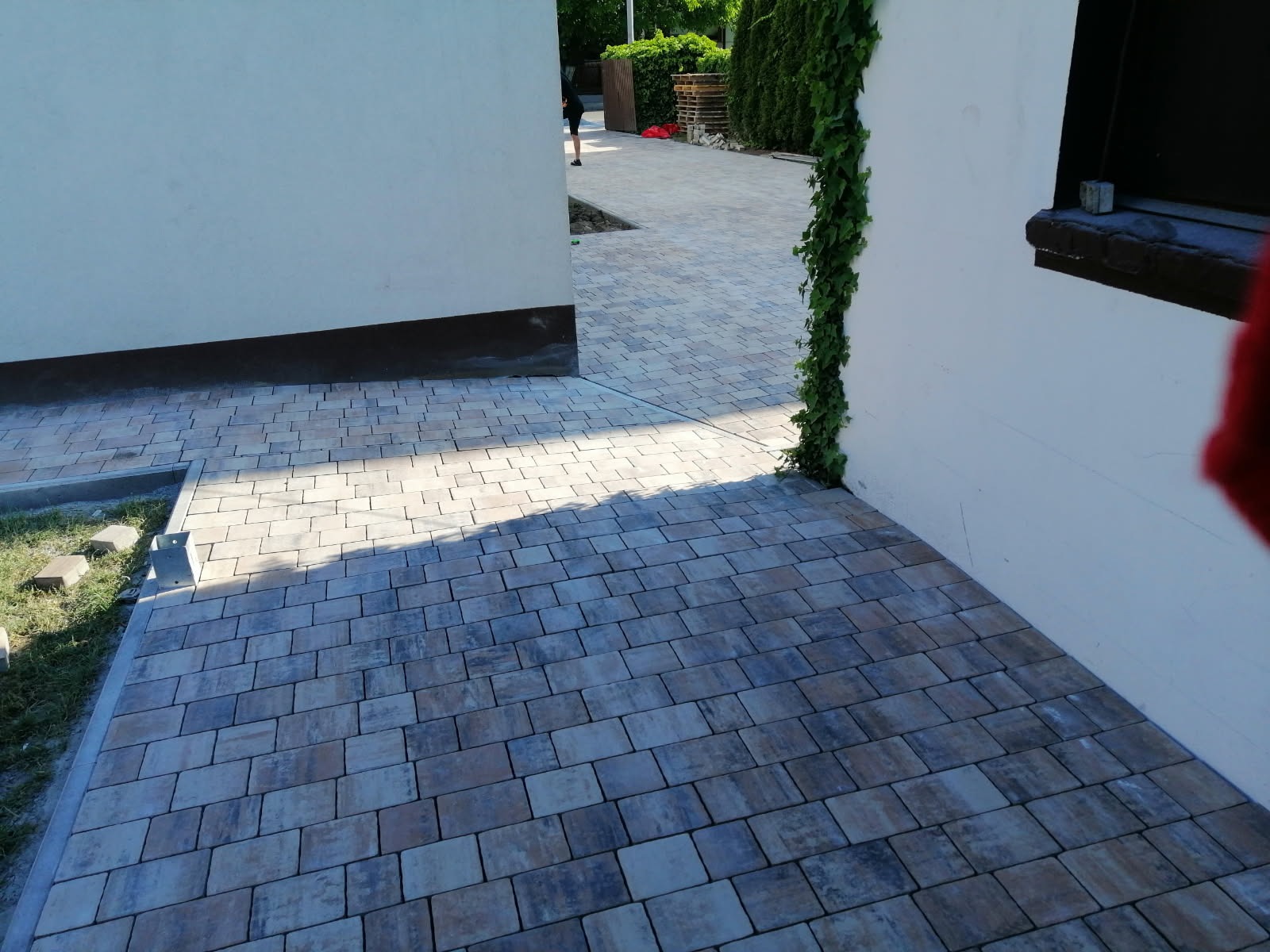 Ułożona kostka brukowa w odcieniach szarości i beżu, przylegająca do białej ściany z pnącą rośliną, widok z perspektywy niskiego kąta.