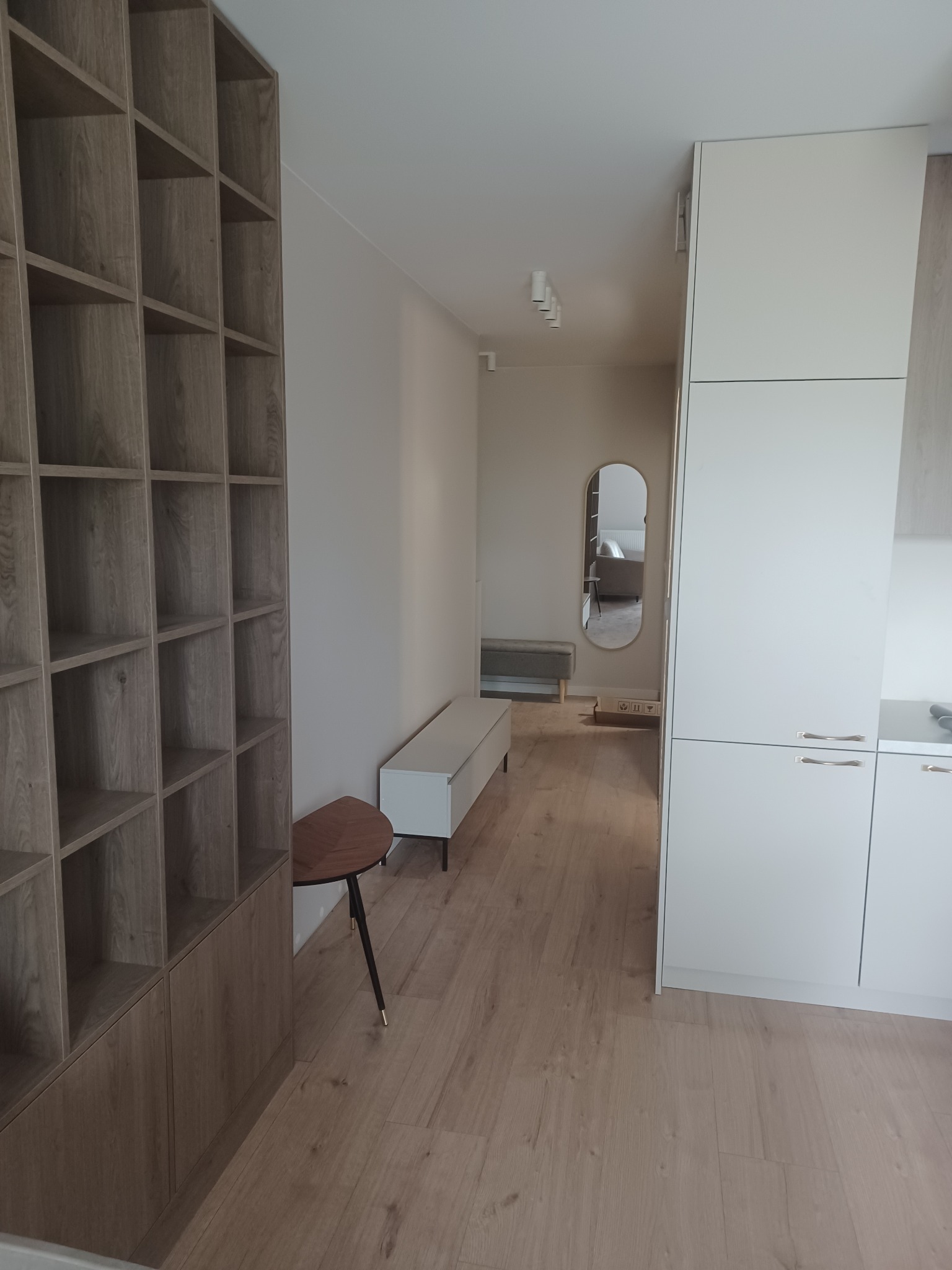 Wnętrze mieszkania z drewnianą podłogą, zabudowaną szafą z półkami, białą szafką RTV i owalnym lustrem w przedpokoju, widoczne z perspektywy wejścia.