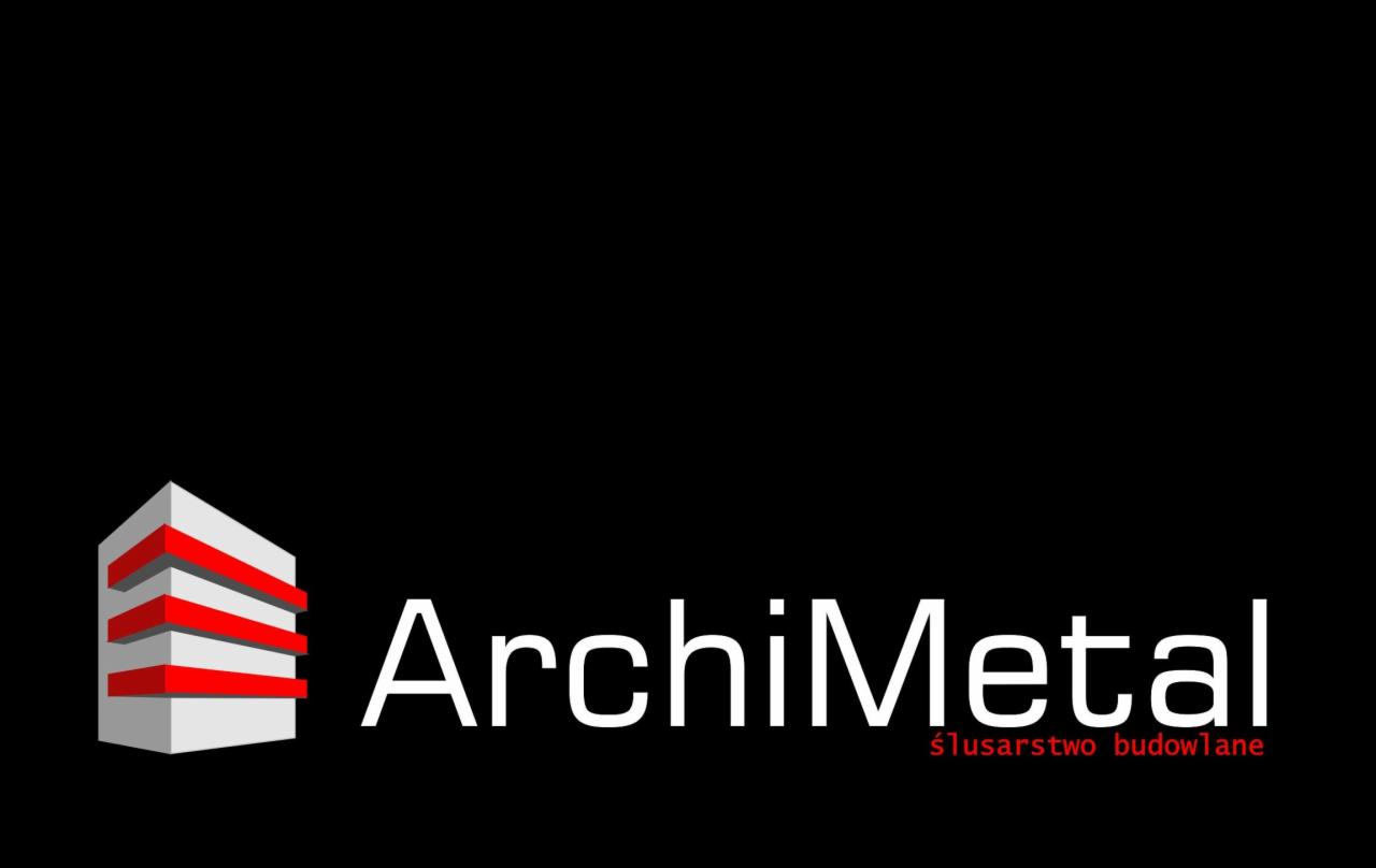 Logo firmy ArchiMetal, zajmującej się ślusarstwem budowlanym, z abstrakcyjnym symbolem budynku z czerwonymi akcentami na czarnym tle.
