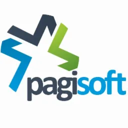 Logo firmy Pagisoft z abstrakcyjnym symbolem gwiazdy składającym się z niebieskich, granatowych i zielonych strzałek, umieszczone nad nazwą firmy zapisaną w kolorach granatowym i błękitnym.