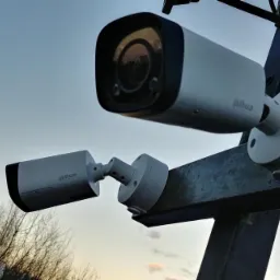 Dwie kamery monitoringu Dahua zamontowane na metalowym słupku, skierowane w różnych kierunkach na tle błękitnego nieba i drzew bez liści.