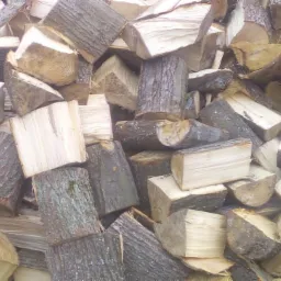 Stos pociętego drewna kominkowego o różnej wielkości, widoczne sęki i struktura drewna.
