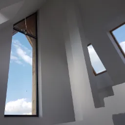 Wnętrze poddasza z oknami dachowymi i wysokimi ścianami po malowaniu na biało, widoczne fragmenty schodów.