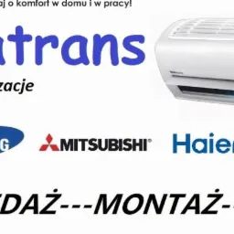 Reklama firmy Klimatrans Klimatyzacje prezentująca klimatyzator Samsung oraz logotypy producentów Gree, Mitsubishi, Haier, LG i Toshiba, oferująca sprzedaż i montaż z numerem telefonu.