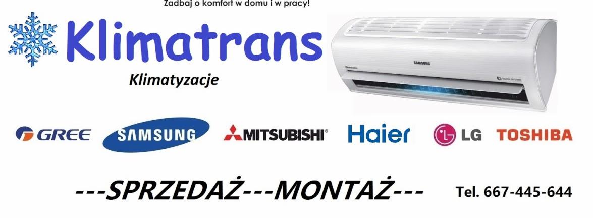 Reklama firmy Klimatrans Klimatyzacje prezentująca klimatyzator Samsung oraz logotypy producentów Gree, Mitsubishi, Haier, LG i Toshiba, oferująca sprzedaż i montaż z numerem telefonu.