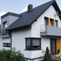 Nowoczesny dom jednorodzinny z czarną stolarką okienną i roletami dzień noc, widok z ogrodu w słoneczny dzień.