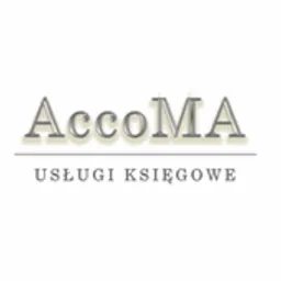 Logo firmy AccoMA z napisem 'Usługi Księgowe' w stonowanych szarościach na jasnym tle.