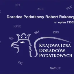 Logo doradcy podatkowego Roberta Rakoczego z symbolem orła w koronie i napisem Krajowa Izba Doradców Podatkowych na granatowym tle z akronimami PIT, VAT, ZUS, JPK, PCC, CIT, KPiR, KR, VAT-UE