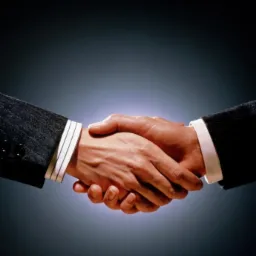 Uścisk dłoni dwóch mężczyzn w garniturach na ciemnym, gradientowym tle, symbolizujący zawarcie umowy.