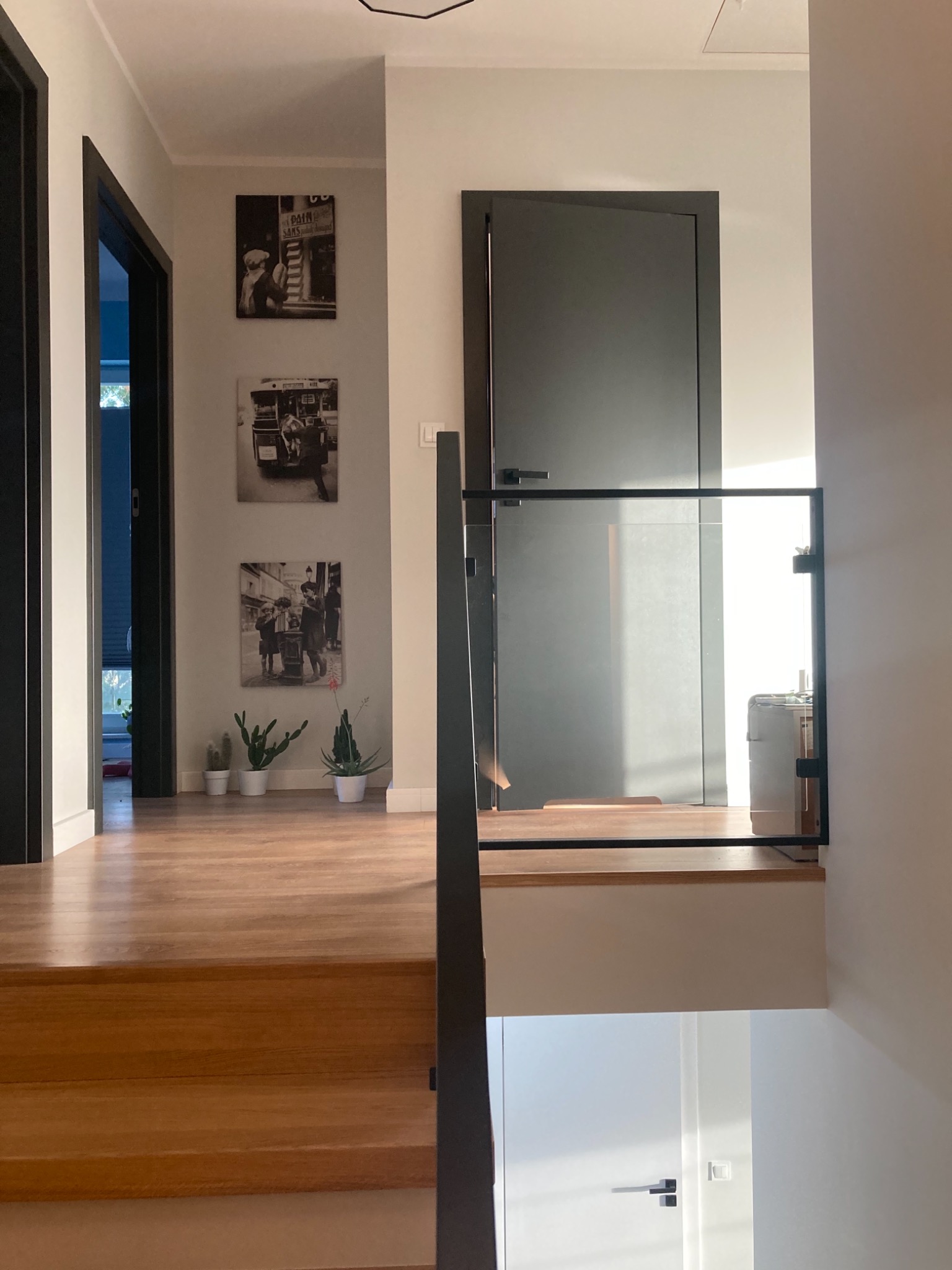 Nowoczesny korytarz z drewnianymi schodami, szklaną balustradą i czarnymi drzwiami, udekorowany trzema czarno-białymi fotografiami i sukulentami w białych doniczkach.