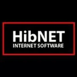 Logo firmy HibNET Internet Software, nazwa w kolorze białym na czarnym tle, otoczona czerwoną ramką.