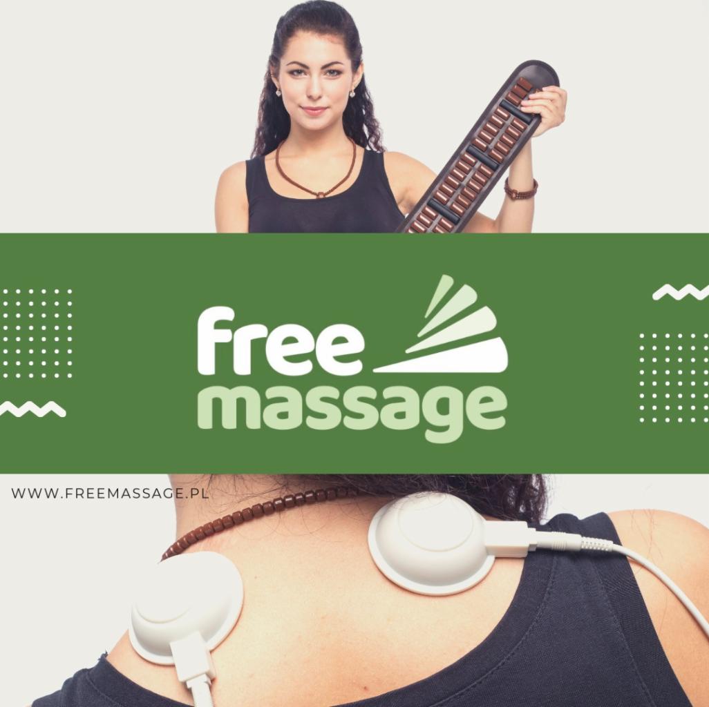 Grafika reklamowa: kobieta trzyma masażer ręczny, na szyi pacjentki elektrody do elektrostymulacji. Widoczny napis 'free massage' i adres strony internetowej.