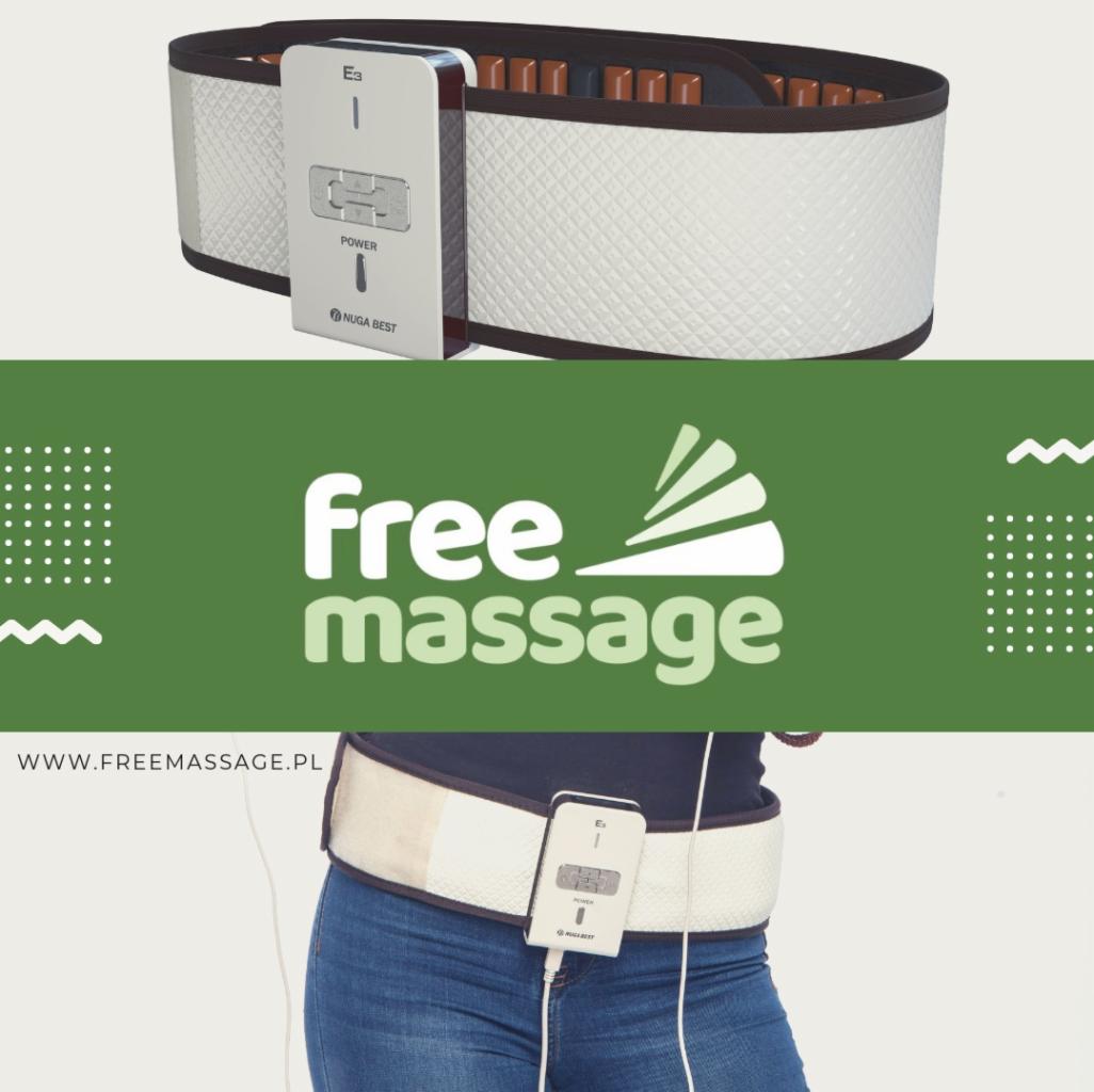 Pas do automasażu Nuga Best z panelem sterowania, widok z bliska i na osobie, na tle grafika z napisem 'Free massage' i adresem strony.