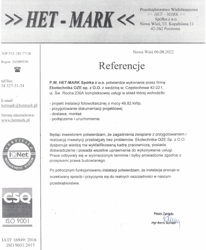 Skan dokumentu referencyjnego firmy Het-Mark Sp. z o.o. potwierdzającego wykonanie instalacji fotowoltaicznej o mocy 49,82 kWp przez Ekotechnika OZE sp. z o.o. z Częstochowy, obejmującej projekt...