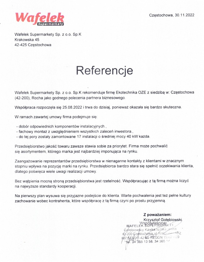 Skan dokumentu referencyjnego od Wafelek Supermarkety dla Ekotechnika OZE, potwierdzający skuteczną współpracę i montaż instalacji o średniej mocy 40 kW każda.