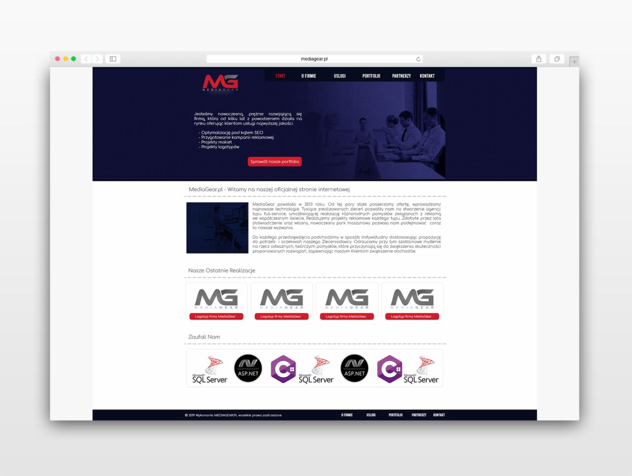 Strona internetowa firmy MediaGear.pl wyświetlona w przeglądarce z widocznym menu, treścią o ofercie firmy, logotypami ostatnich realizacji i informacjami o partnerach.