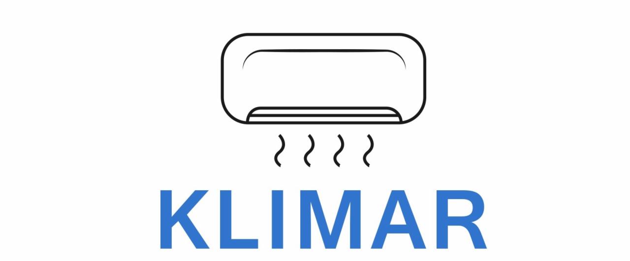 Graficzna ikona klimatyzatora z symbolem chłodnego powietrza i napisem KLIMAR w kolorze niebieskim.