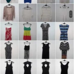 Kolekcja różnorodnej odzieży damskiej na wieszakach, prezentowana w formie mozaiki: swetry ażurowe, sukienki letnie, spodnie, w odcieniach bieli, błękitu, zieleni, czerwieni i czerni.