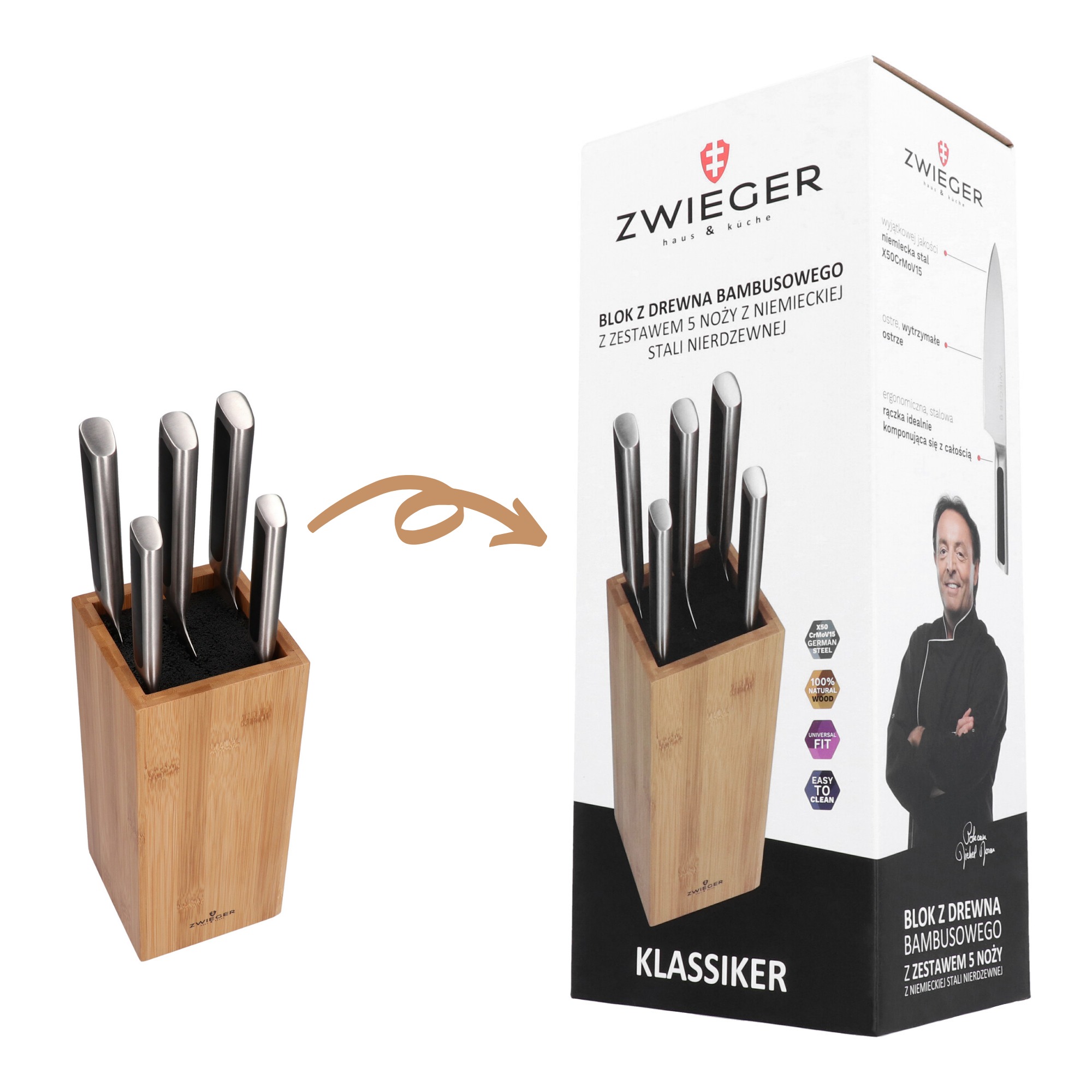 Zestaw pięciu noży ze stali nierdzewnej w bloku z drewna bambusowego marki Zwilling, prezentowany obok opakowania z wizerunkiem kucharza polecającego produkt.