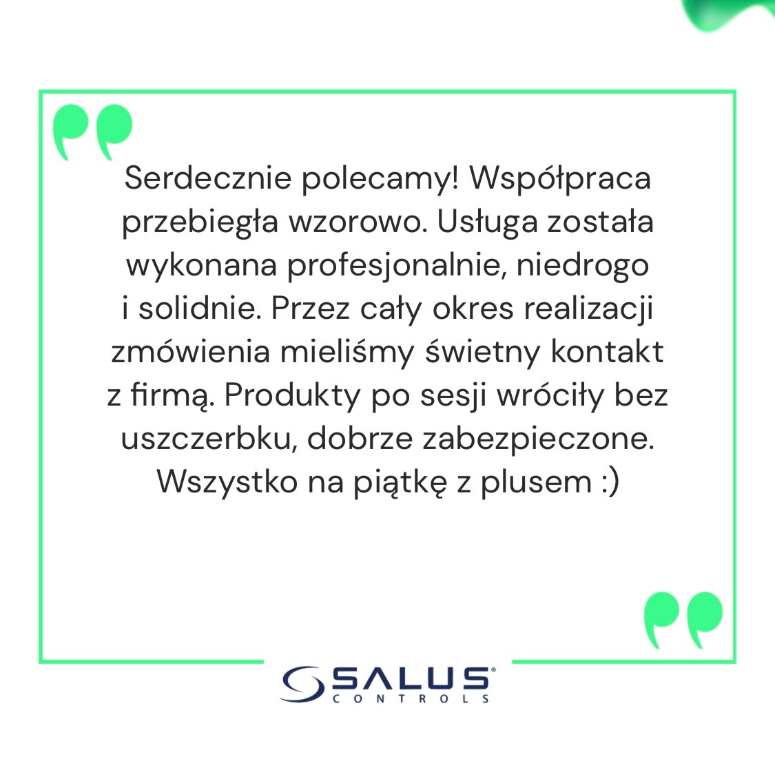 Referencje od klienta w ramce z zielonymi akcentami, tekst o wzorowej współpracy i profesjonalnej obsłudze, na dole logo firmy Salus Controls.