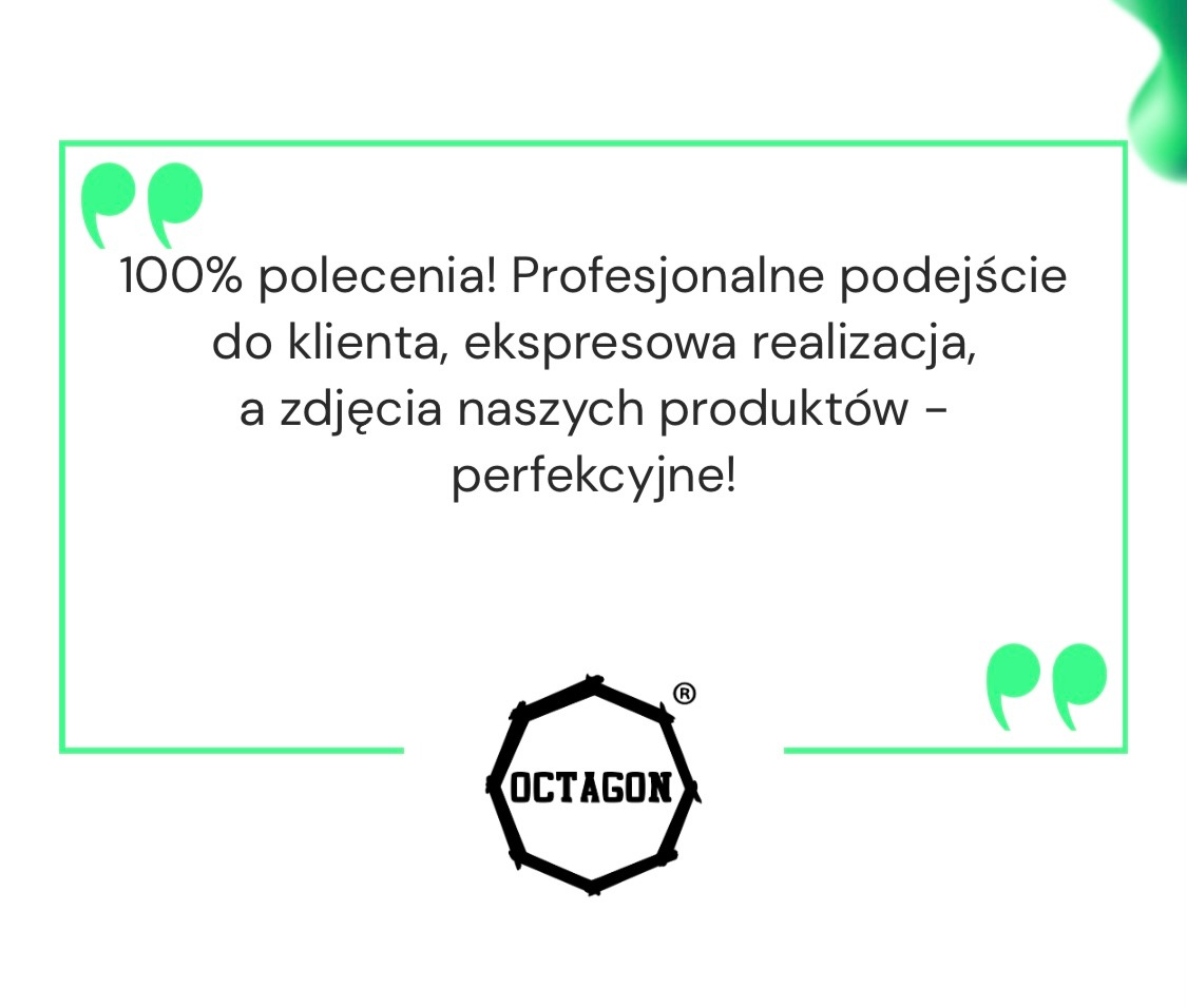 Grafika z tekstem rekomendacji: 100% polecenia, profesjonalne podejście, ekspresowa realizacja, perfekcyjne zdjęcia produktów, w ramce z zielonymi cudzysłowami i logo Octagon.