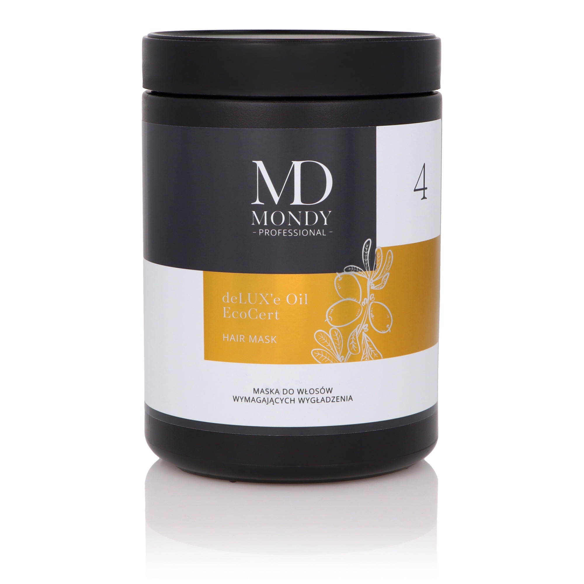 Słoik maski do włosów Mondy deLUX'e Oil EcoCert na białym tle, przeznaczona do włosów wymagających wygładzenia.