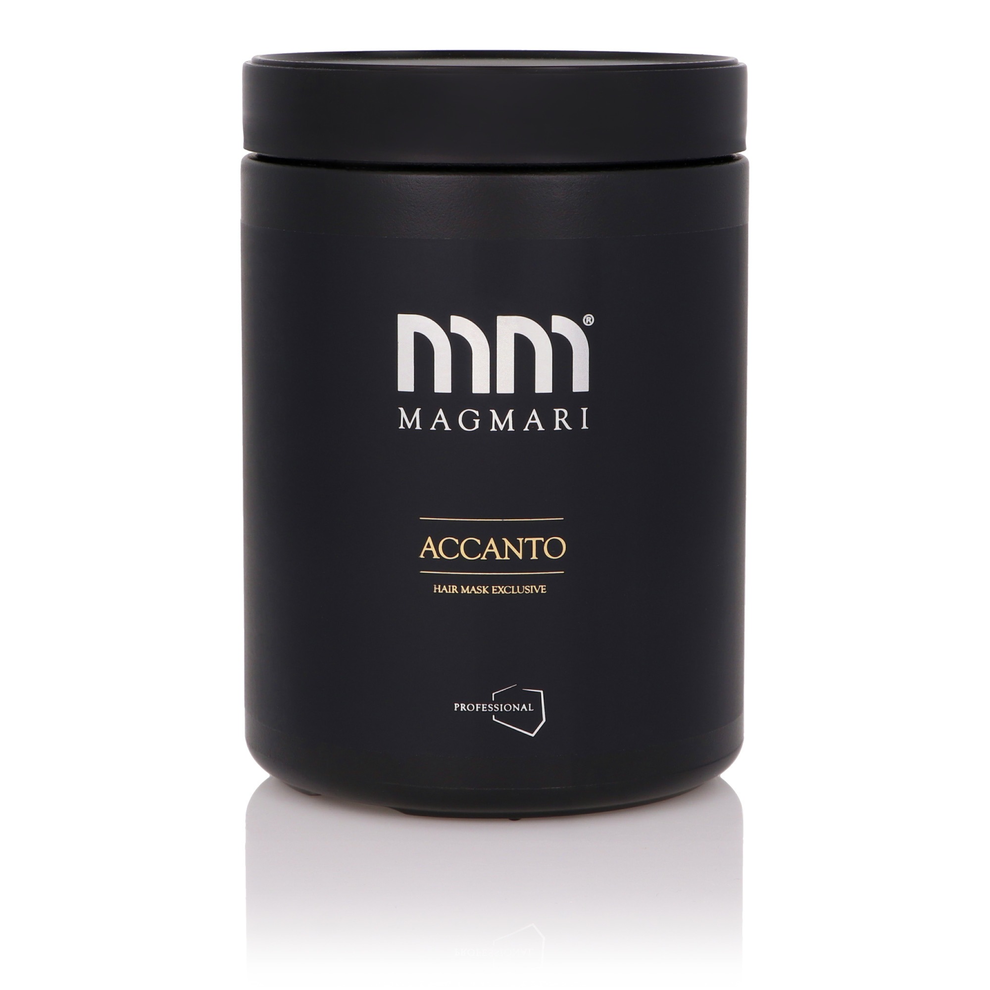 Czarny pojemnik na maskę do włosów Accanto Magmari Professional z widocznym logo na białym tle z odbiciem.