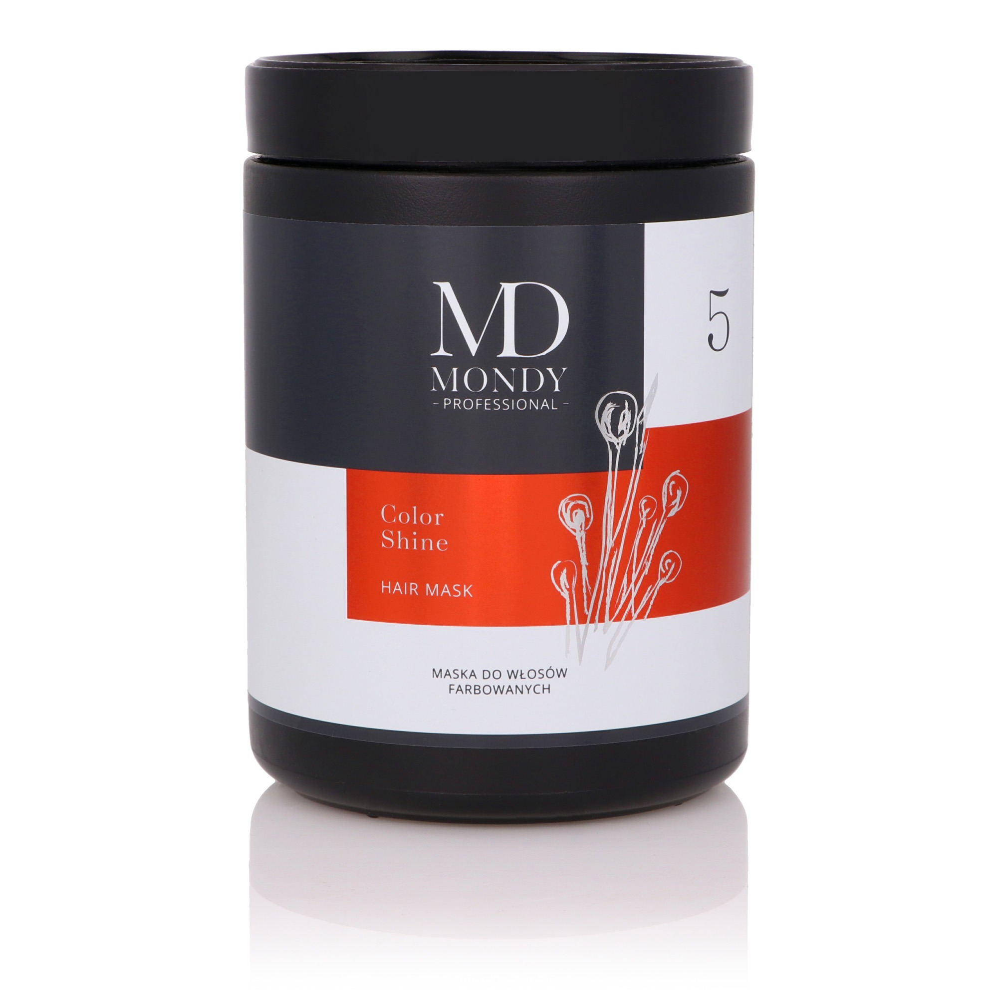 Czarne opakowanie maski do włosów farbowanych Mondy Color Shine, z logo MD i elementami graficznymi w kolorze białym i czerwonym, na białym tle z odbiciem.