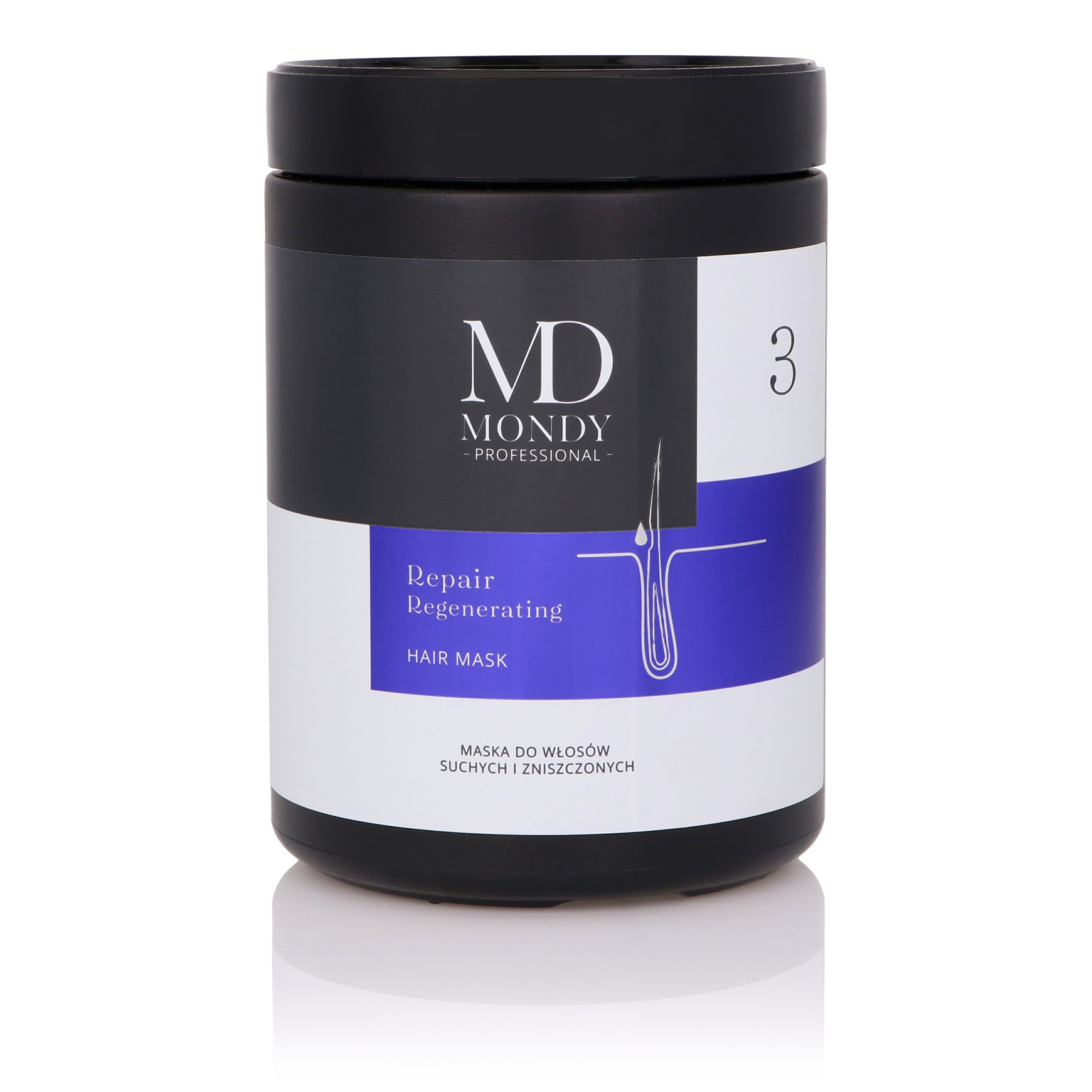 Czarne opakowanie maski do włosów Mondy Professional Repair Regenerating, przeznaczonej do włosów suchych i zniszczonych, z numerem '3' na etykiecie, na białym tle z odbiciem.
