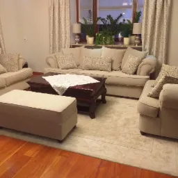 Jasny salon z beżowymi sofami, pufą i ciemnym, drewnianym stolikiem kawowym z białą serwetą; widoczne rośliny doniczkowe na parapecie.