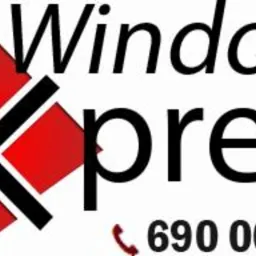 Logo firmy Windows Express z czarnym tekstem i czerwonym rombem przeciętym czarnym X, numer telefonu z ikoną słuchawki na białym tle.