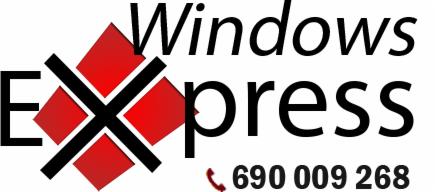 Logo firmy Windows Express z czarnym tekstem i czerwonym rombem przeciętym czarnym X, numer telefonu z ikoną słuchawki na białym tle.