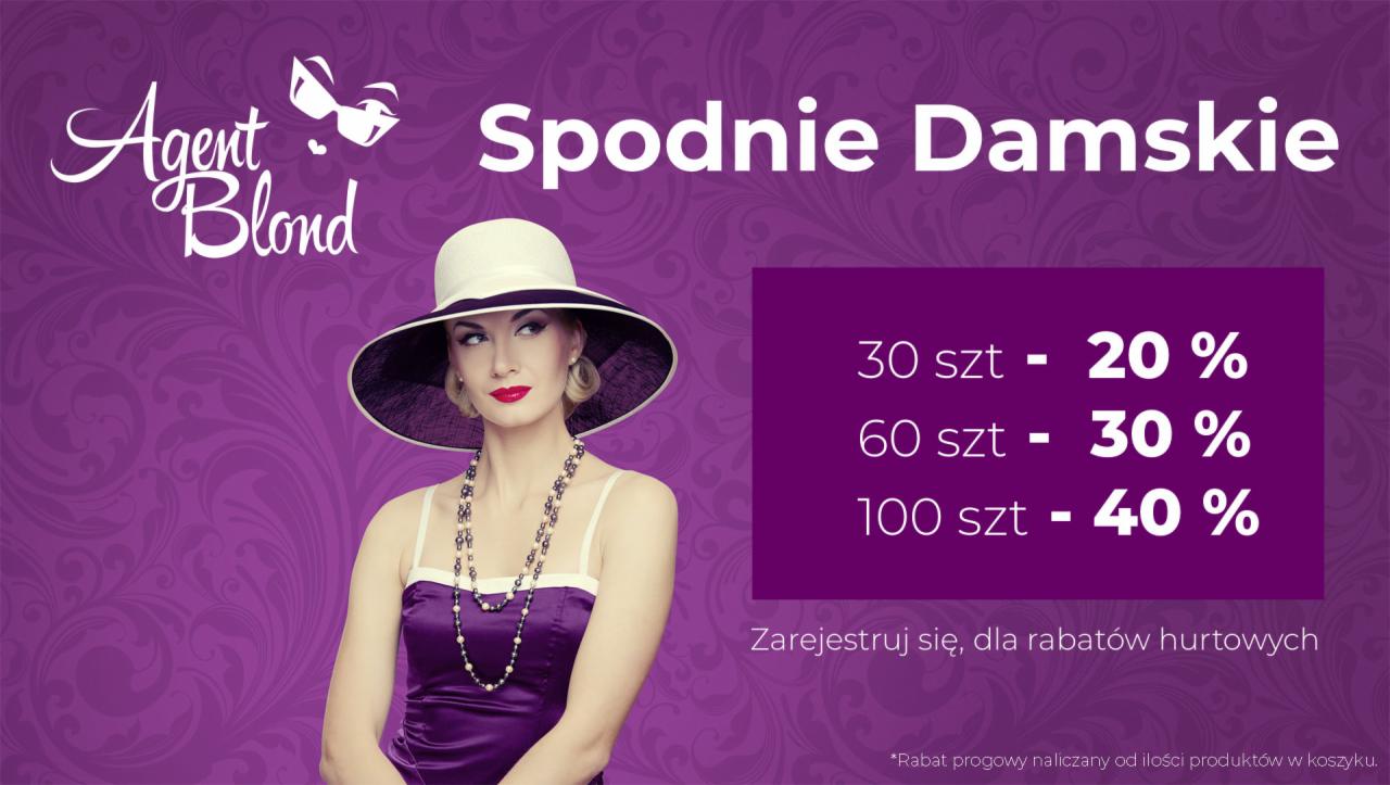 Reklama spodni damskich 'Agent Blond' z elegancką kobietą w kapeluszu i fioletowej sukience na tle wzorzystego tła, oferująca rabaty hurtowe.